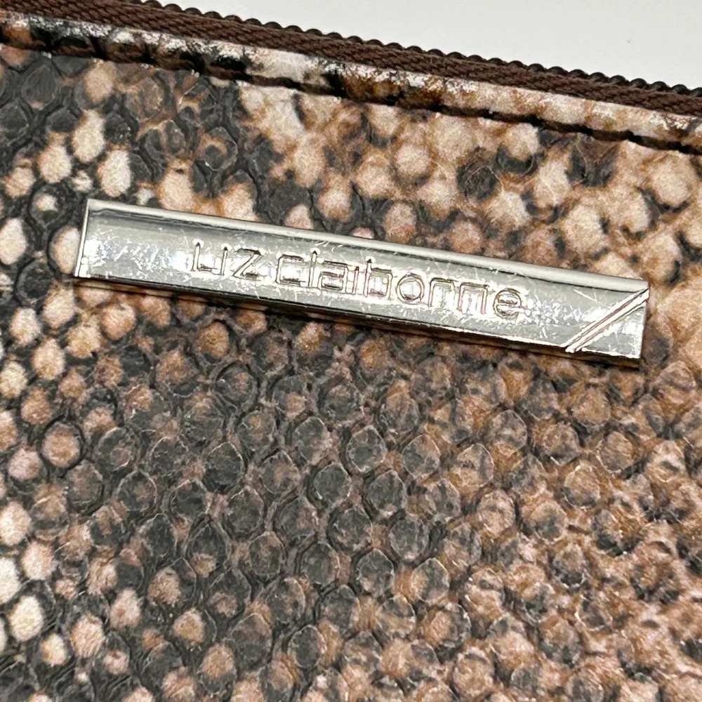 Liz Claiborne Faux Leather Snakeskin Print Pouch Clutch Makeup Bag Brown Neutral